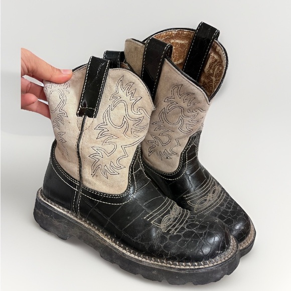 Ariat Fat Baby Black/Tan Crocodile Print Western Cowgirl Boots Women's 6.5 B - Picture 1 of 16